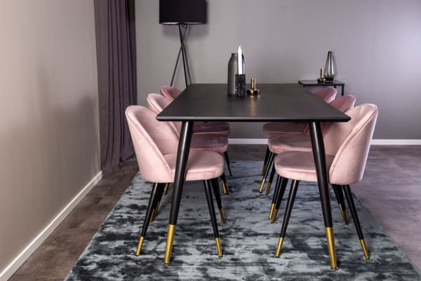 Dipp180x90BLBR matgrupp matbord svart och 6 Velvet matstola velour rosa, svart, mässing dekor.