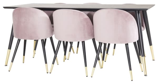 Dipp180x90BLBR matgrupp matbord svart och 6 Velvet matstola velour rosa, svart, mässing dekor.