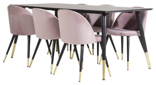 Dipp180x90BLBR spisebordssæt spisebord sort og 6 Velvet stole velour pink, sort, messing dekor.