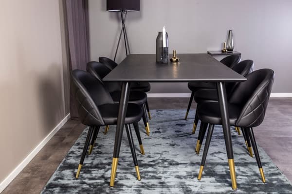 Dipp180x90BLBR spisebordssæt spisebord sort og 6 Velvet stole PU kunstlæder sort , .