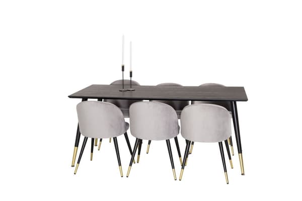 Dipp180x90BLBR spisebordssæt spisebord sort og 6 Velvet stole velour lysegrå.