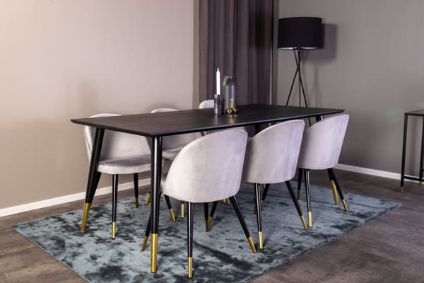 Dipp180x90BLBR spisebordssæt spisebord sort og 6 Velvet stole velour lysegrå.