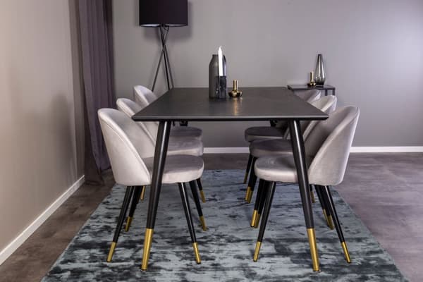 Dipp180x90BLBR spisebordssæt spisebord sort og 6 Velvet stole velour lysegrå.