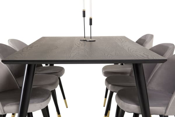 Dipp180x90BLBR spisebordssæt spisebord sort og 6 Velvet stole velour lysegrå.