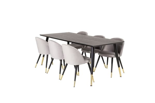 Dipp180x90BLBR spisebordssæt spisebord sort og 6 Velvet stole velour lysegrå.