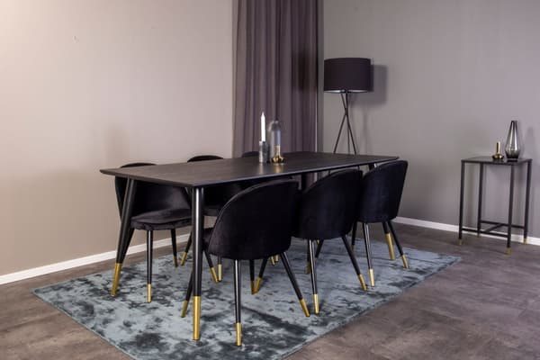 Dipp180x90BLBR matgrupp matbord svart och 6 Velvet matstola velour svart, mässing dekor.
