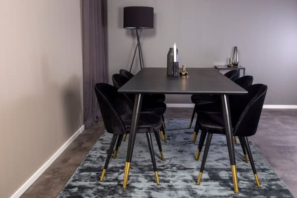 Dipp180x90BLBR matgrupp matbord svart och 6 Velvet matstola velour svart, mässing dekor.
