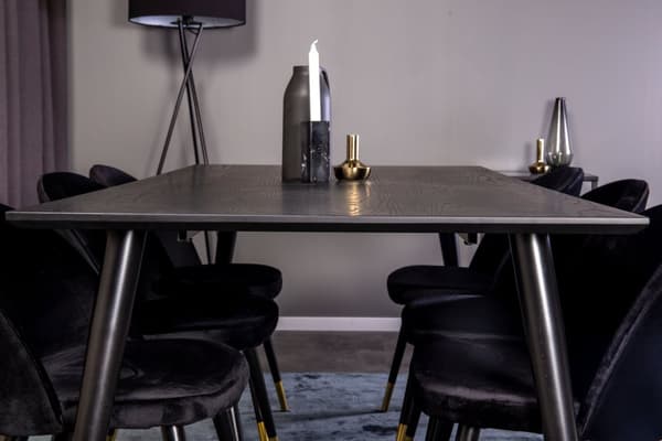 Dipp180x90BLBR matgrupp matbord svart och 6 Velvet matstola velour svart, mässing dekor.