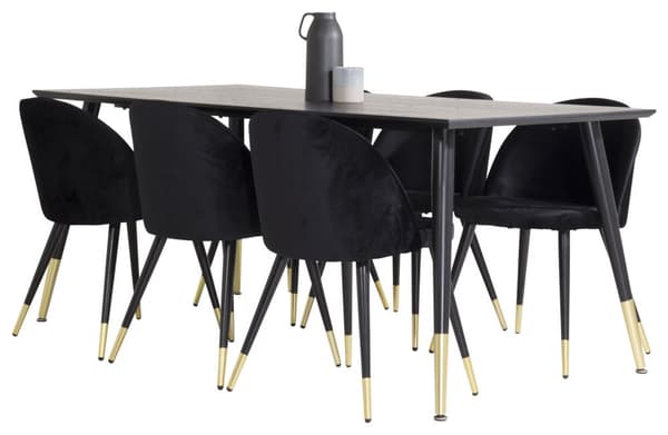 Dipp180x90BLBR spisebordssæt spisebord sort og 6 Velvet stole velour sort, sort, messing dekor.