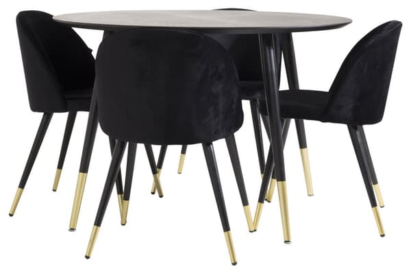 DippØ115BLBR spisebordssæt spisebord sort og 4 Velvet stole velour sort, sort, messing dekor.