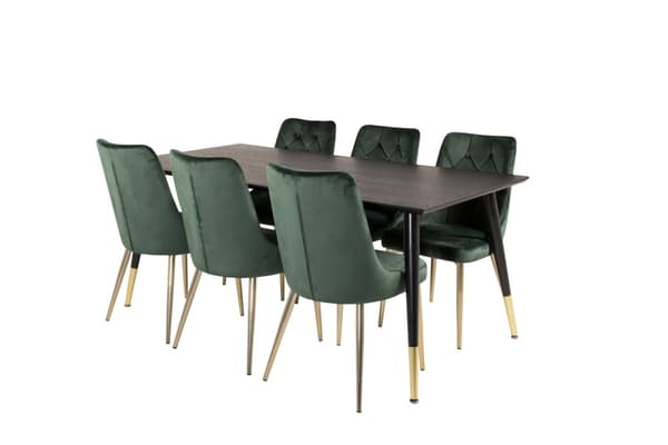 Dipp180x90BLBR spisegruppe spisebord svart og 6 Velvet Deluxe spisestuestoler velour grønn, messing dekor.