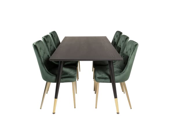Dipp180x90BLBR spisegruppe spisebord svart og 6 Velvet Deluxe spisestuestoler velour grønn, messing dekor.