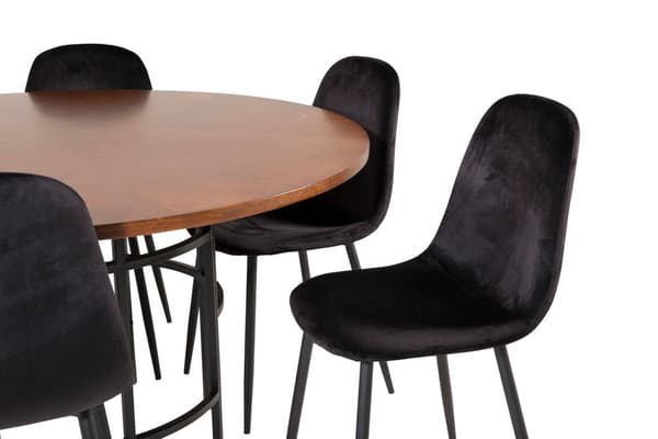Copenhagen spisegruppe spisebord brun og 6 Polar spisestuestoler velour svart.