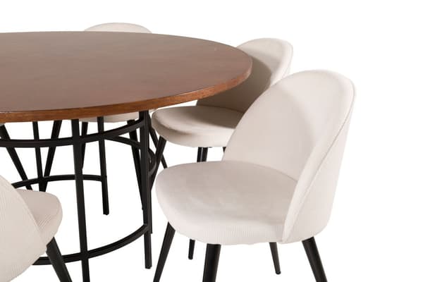 Copenhagen spisegruppe spisebord brun og 6 Velvet spisestuestoler fløyel beige, svart.