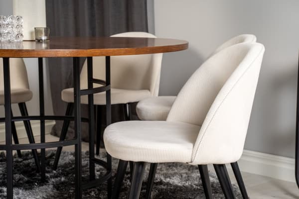 Copenhagen spisegruppe spisebord brun og 6 Velvet spisestuestoler fløyel beige, svart.