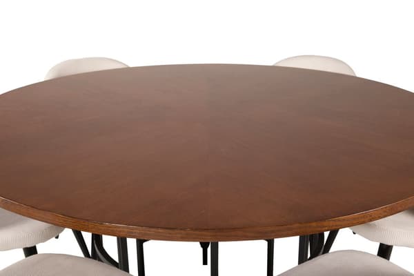 Copenhagen spisegruppe spisebord brun og 6 Velvet spisestuestoler fløyel beige, svart.