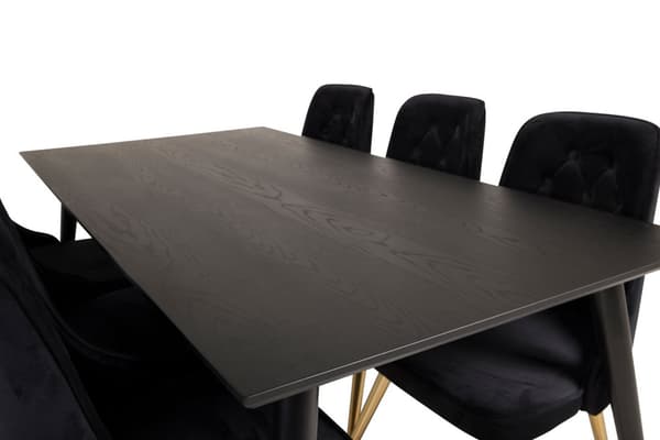 Dipp180x90BLBR spisegruppe spisebord svart og 6 Velvet Deluxe spisestuestoler velour svart, messing dekor.