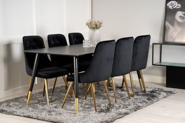 Dipp180x90BLBR spisegruppe spisebord svart og 6 Velvet Deluxe spisestuestoler velour svart, messing dekor.