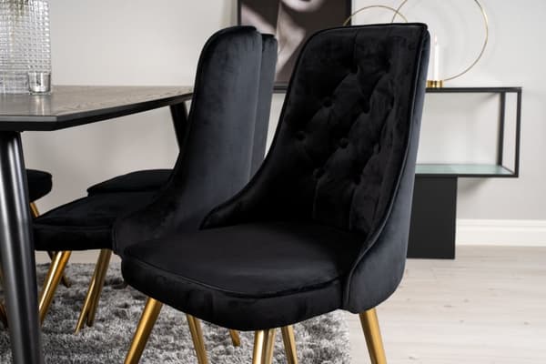 Dipp180x90BLBR spisegruppe spisebord svart og 6 Velvet Deluxe spisestuestoler velour svart, messing dekor.