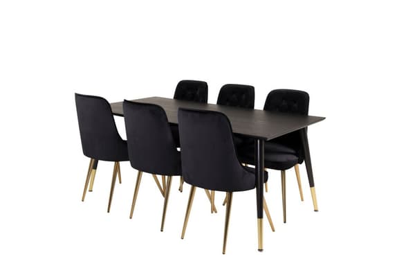 Dipp180x90BLBR spisegruppe spisebord svart og 6 Velvet Deluxe spisestuestoler velour svart, messing dekor.