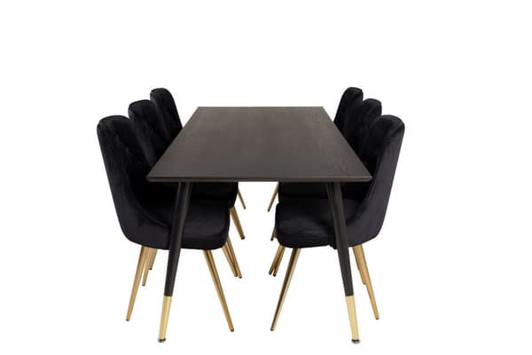 Dipp180x90BLBR spisegruppe spisebord svart og 6 Velvet Deluxe spisestuestoler velour svart, messing dekor.