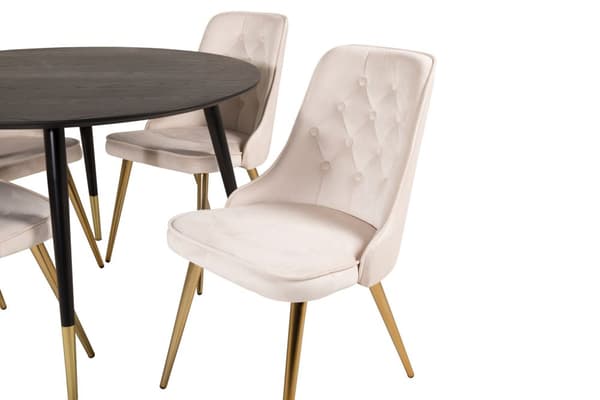 DippØ115BLBR spisegruppe spisebord svart og 4 Velvet Deluxe spisestuestoler velour beige, messing dekor.
