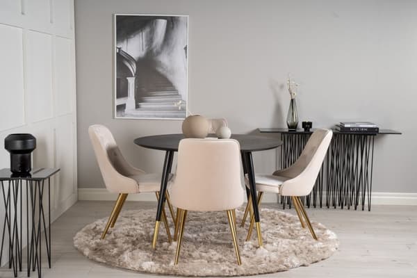 DippØ115BLBR spisegruppe spisebord svart og 4 Velvet Deluxe spisestuestoler velour beige, messing dekor.