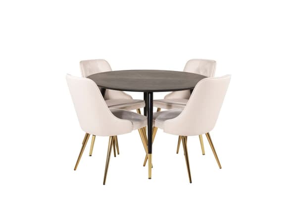 DippØ115BLBR spisegruppe spisebord svart og 4 Velvet Deluxe spisestuestoler velour beige, messing dekor.