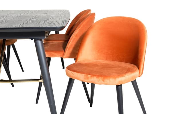 Gold spisegruppe spisebord uttrekksbord lengde cm 180 / 220 svart og 6 Velvet spisestuestoler velour oransje, svart.
