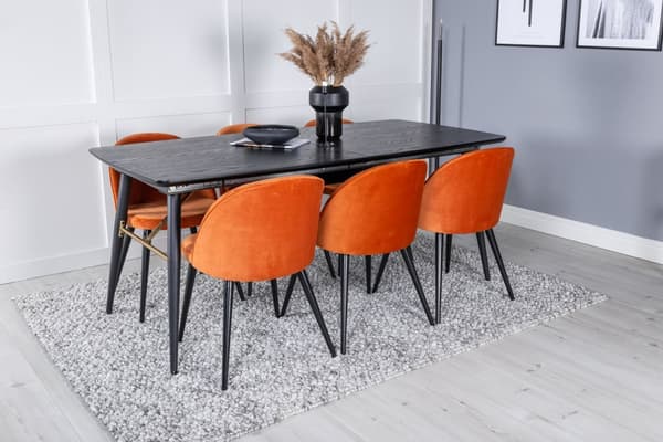 Gold spisegruppe spisebord uttrekksbord lengde cm 180 / 220 svart og 6 Velvet spisestuestoler velour oransje, svart.