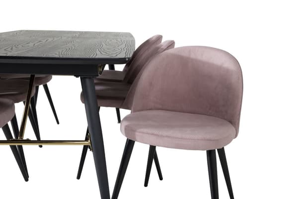 Gold spisegruppe spisebord uttrekksbord lengde cm 180 / 220 svart og 6 Velvet spisestuestoler fløyel rosa, svart.