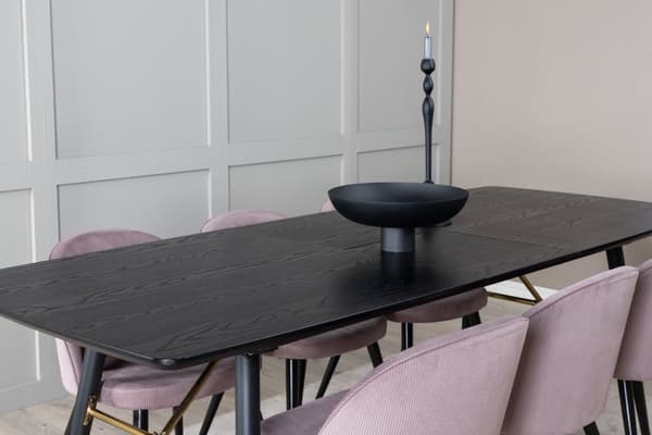 Gold spisegruppe spisebord uttrekksbord lengde cm 180 / 220 svart og 6 Velvet spisestuestoler fløyel rosa, svart.