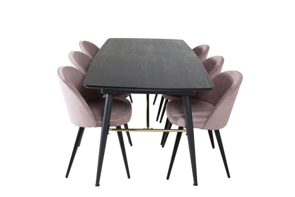 Gold spisegruppe spisebord uttrekksbord lengde cm 180 / 220 svart og 6 Velvet spisestuestoler fløyel rosa, svart.