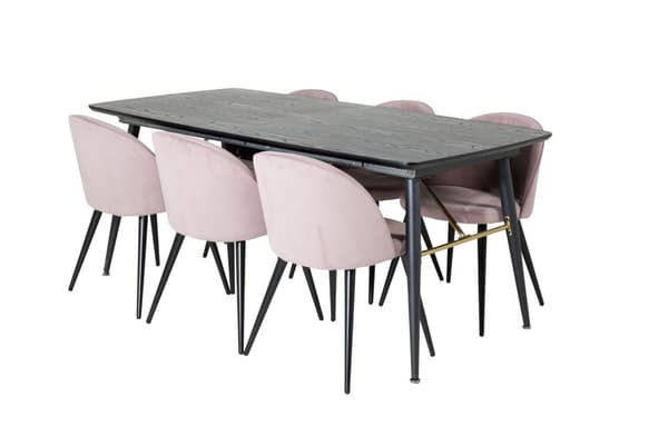Gold spisegruppe spisebord uttrekksbord lengde cm 180 / 220 svart og 6 Velvet spisestuestoler fløyel rosa, svart.