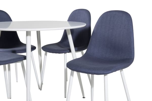 PlazaWHWH100 spisegruppe spisebord hvit og 4 Polar spisestuestoler blå, hvit.