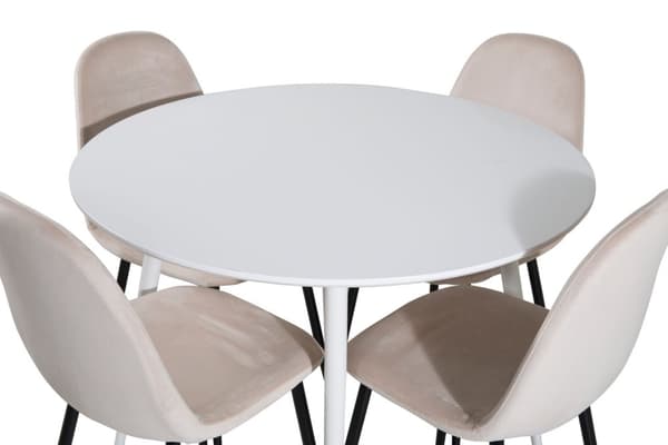 PlazaWHWH100 spisegruppe spisebord hvit og 4 Polar spisestuestoler velour beige.