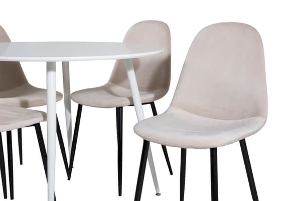 PlazaWHWH100 spisegruppe spisebord hvit og 4 Polar spisestuestoler velour beige.