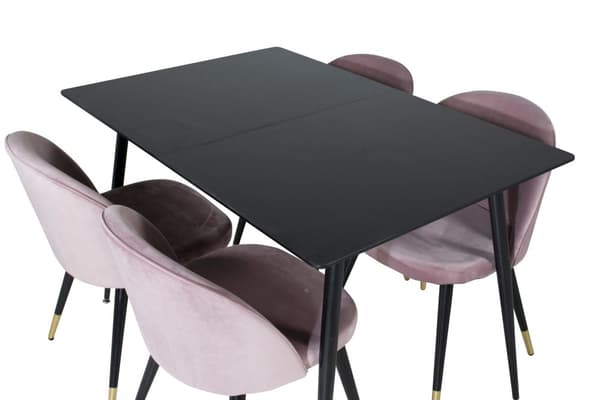 SilarBLExt spisegruppe spisebord uttrekksbord lengde cm 120 / 160 svart og 4 Velvet spisestuestoler velour rosa, svart, messing dekor.