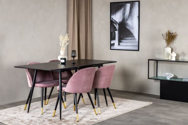 SilarBLExt spisegruppe spisebord uttrekksbord lengde cm 120 / 160 svart og 4 Velvet spisestuestoler velour rosa, svart, messing dekor.