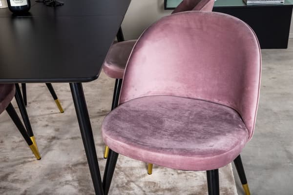SilarBLExt spisegruppe spisebord uttrekksbord lengde cm 120 / 160 svart og 4 Velvet spisestuestoler velour rosa, svart, messing dekor.