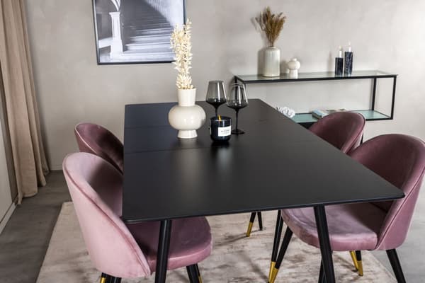 SilarBLExt spisegruppe spisebord uttrekksbord lengde cm 120 / 160 svart og 4 Velvet spisestuestoler velour rosa, svart, messing dekor.
