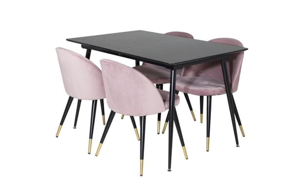 SilarBLExt spisegruppe spisebord uttrekksbord lengde cm 120 / 160 svart og 4 Velvet spisestuestoler velour rosa, svart, messing dekor.