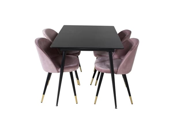 SilarBLExt spisegruppe spisebord uttrekksbord lengde cm 120 / 160 svart og 4 Velvet spisestuestoler velour rosa, svart, messing dekor.