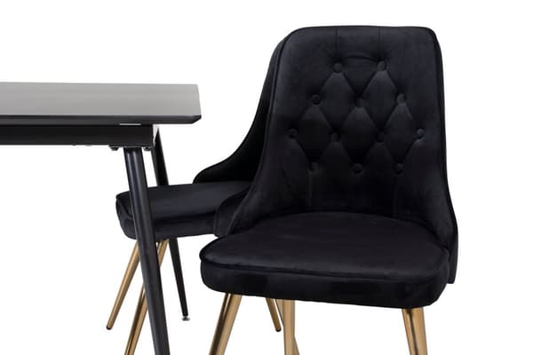 SilarBLExt spisegruppe spisebord uttrekksbord lengde cm 120 / 160 svart og 4 Velvet Deluxe spisestuestoler velour svart, messing dekor.