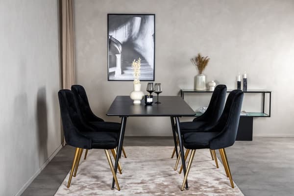 SilarBLExt spisegruppe spisebord uttrekksbord lengde cm 120 / 160 svart og 4 Velvet Deluxe spisestuestoler velour svart, messing dekor.
