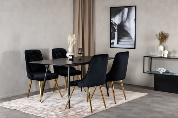 SilarBLExt spisegruppe spisebord uttrekksbord lengde cm 120 / 160 svart og 4 Velvet Deluxe spisestuestoler velour svart, messing dekor.