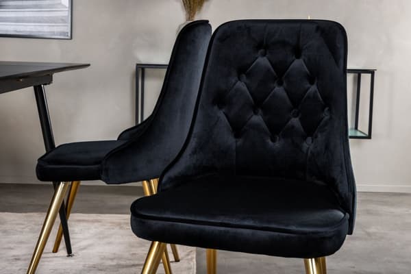 SilarBLExt spisegruppe spisebord uttrekksbord lengde cm 120 / 160 svart og 4 Velvet Deluxe spisestuestoler velour svart, messing dekor.
