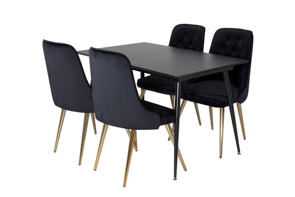SilarBLExt spisegruppe spisebord uttrekksbord lengde cm 120 / 160 svart og 4 Velvet Deluxe spisestuestoler velour svart, messing dekor.