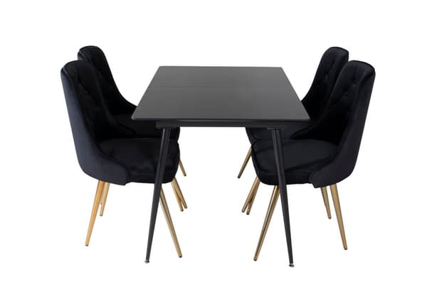 SilarBLExt spisegruppe spisebord uttrekksbord lengde cm 120 / 160 svart og 4 Velvet Deluxe spisestuestoler velour svart, messing dekor.