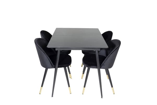 SilarBLExt spisegruppe spisebord uttrekksbord lengde cm 120 / 160 svart og 4 Velvet spisestuestoler velour svart, messing dekor.